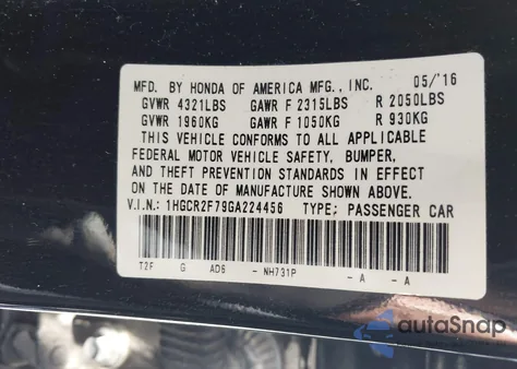 2016 Honda Accord Ex from USA, damaged, VIN 1HGCR2F79GA224456